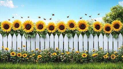  A serene countryside garden with tall sunflowers, buzzing bees, and a wooden fence, all under a clear blue sky. 