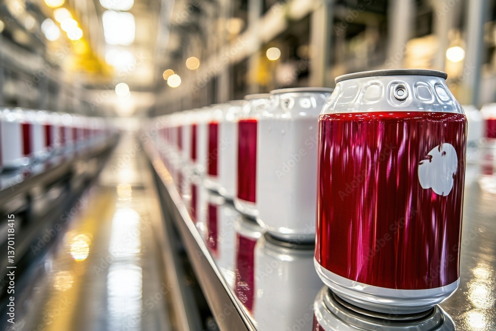 Poster a mesmerizing view of beverage cans on a production line, reflecting ambient light, showcasing the c