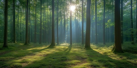 Naklejka premium Sunlight streams through a serene forest, casting shadows on a lush, moss-covered floor.