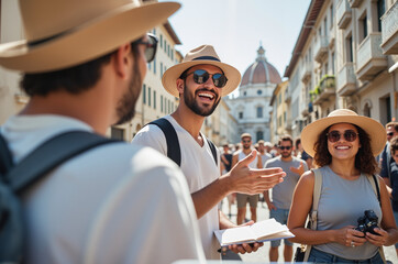 Professional Tour Guide Explaining European Architecture – Male Tourist Leader with International Visitors in Historic City Center for Travel Guidebooks and World Tourism Day Promotions