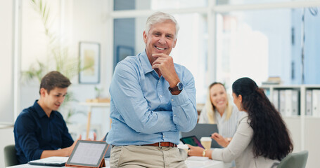 Obraz premium Mature, business man and portrait in meeting for financial management, investment planning and confidence. Finance executive, employer and happy with staff in office for corporate career and pride