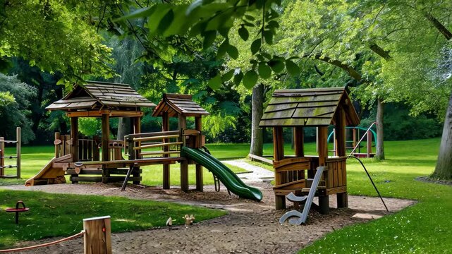 A vibrant playground sits in a green park, showcasing wooden play structures, a slide, and swings. The area is shaded by tall trees on a sunny day, inviting outdoor play.