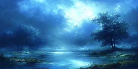  A serene, fog-covered valley with a river winding through, the mist gently rising as the first light of dawn begins to break through. 