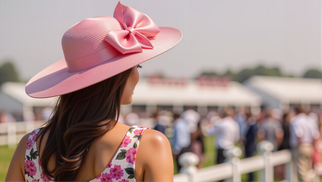 Elegant Pink Bow Hat at Horse Racing Event - Back View of Stylish Woman in Floral Dress for Grand National Fashion, Derby Day Attire, and Fancy Race Day Celebrations