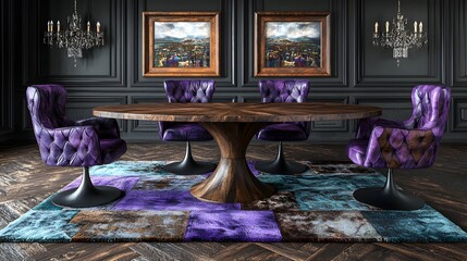 Elegant Dining Room with Round Wooden Table and Purple Chairs Surrounded by Artistic Wall Decor