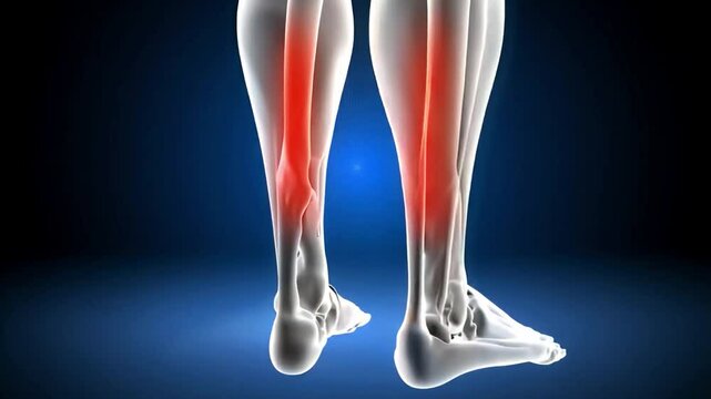 animation of human shin showing tibia fibula muscles with AR overlays highlighting shin splints, fractures, pain points, and physiotherapy , medical animation video
