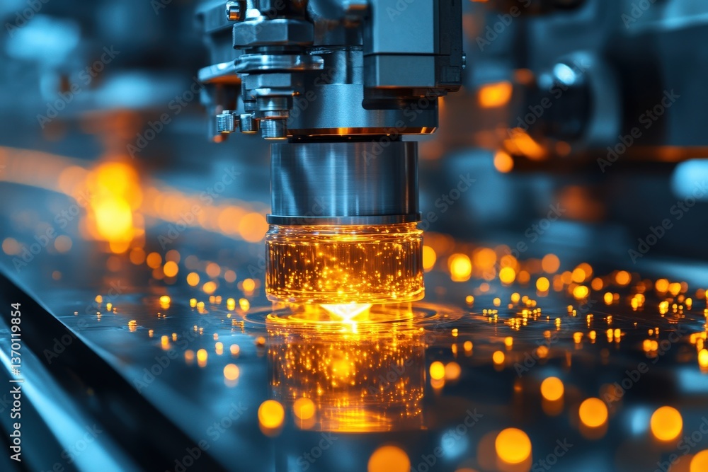Poster automated industrial process filling glass containers with glowing liquid; close-up view of robotic 