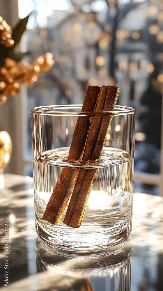 Poster glass of water with two cinnamon sticks in it. the sticks are floating in the water, creating a warm
