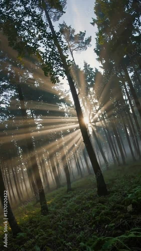 Poster sunlight piercing through mystical forest canopy creating enchanting rays at dawn