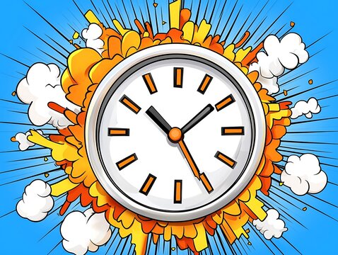 Exploding Clock with Time Flies, and Comic Style.