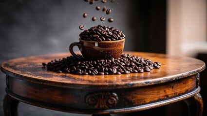 A hot brown cup holds roasted coffee beans, a morning caffeine boost