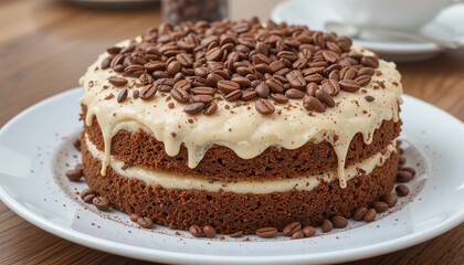 A delicious cake adorned with coffee beans on top, highlighting its coffee flavor.