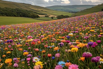 Obraz premium A vibrant field of wildflowers stretches towards rolling green hills, creating a picturesque and colorful landscape under a partly cloudy sky, perfect for a scenic nature scene.