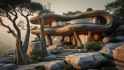 a breathtakingly cinematic photograph of a harmonious, eco-friendly house that seamlessly blends into the surrounding natural landscape, where trees with gnarled branches 