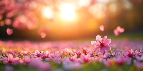  A serene garden filled with blooming cherry blossoms, their delicate petals gently falling to the ground as a soft breeze stirs the branches. 