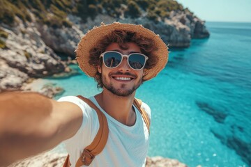 Handsome young man taking selfie picture with smart mobile phone outside - Happy tourist enjoying summer holiday at the beach - Traveling and technology life style