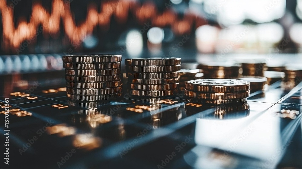 Aufkleber stacks of coins on a financial trading screen with graphs and data