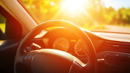 Sunshine Steering: The image captures the essence of a journey. The steering wheel of a car under the sun. 