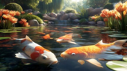  A serene garden pond surrounded by colorful flowers, with koi fish swimming lazily beneath the water&rsquo;s surface. 