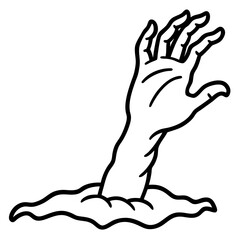 Zombie hand reaching out from the ground line art vector illustration