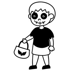 Zombie kid holding a trick or treat bag line art vector illustration