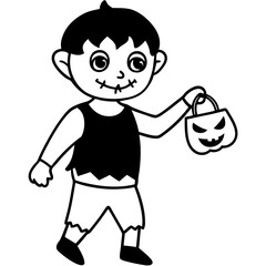 Zombie kid holding a trick or treat bag line art vector illustration