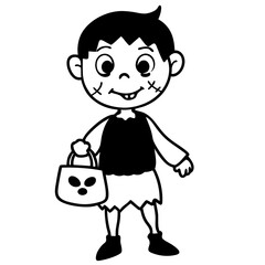 Zombie kid holding a trick or treat bag line art vector illustration