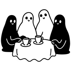 A group of ghosts having a tea party line art vector illustration
