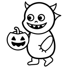 Baby Monster trick or treating with tiny fangs line art vector illustration