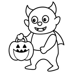 Baby Monster trick or treating with tiny fangs line art vector illustration