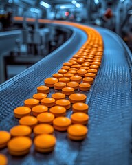 Fototapeta premium Pharmaceutical production line close-up of orange pills moving along a conveyor belt in a modern factory.