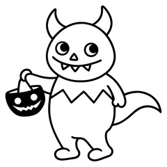 Baby Monster trick or treating with tiny fangs line art vector illustration