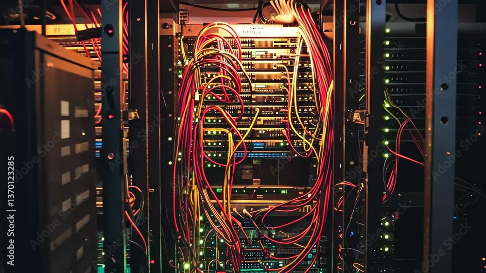 Poster a vibrant network of colorful cables intertwines within server racks, creating an intricate display 