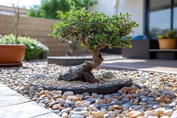 A serene Japanese rock garden with carefully placed stones, smooth raked gravel, and small bonsai trees creating a minimalist, calming space. 