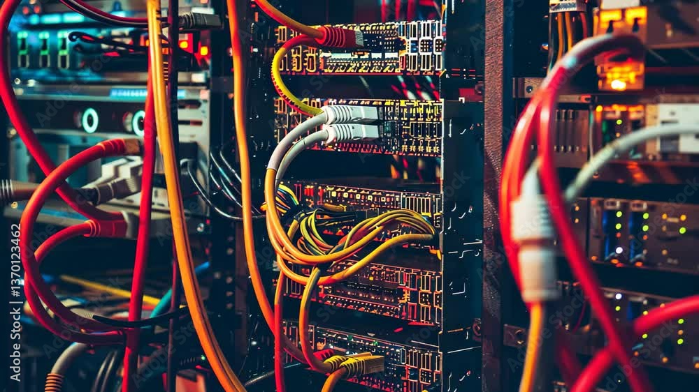 Poster colorful wires connect various network devices within a data center, highlighting technology and the