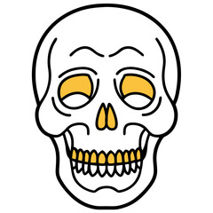 Brightly decorated skull with golden teeth line art vector illustration
