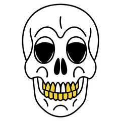 Brightly decorated skull with golden teeth line art vector illustration