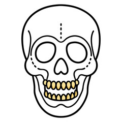 Brightly decorated skull with golden teeth line art vector illustration