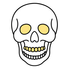 Brightly decorated skull with golden teeth line art vector illustration
