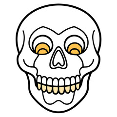 Brightly decorated skull with golden teeth line art vector illustration