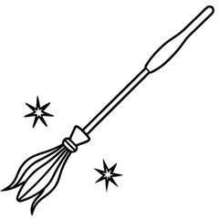 Broomstick with magical sparkles line art vector illustration 