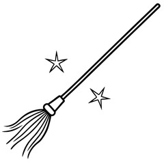 Broomstick with magical sparkles line art vector illustration 