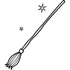 Broomstick with magical sparkles line art vector illustration 