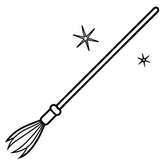 Broomstick with magical sparkles line art vector illustration 