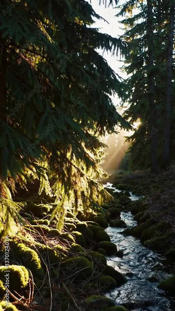 Poster sunlight illuminating a tranquil forest stream beneath towering evergreen trees at dawn
