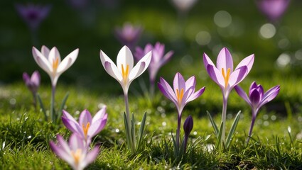 Violet crocus blossoms bloom in spring's yellow-tinged meadow