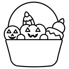 Candy bucket filled with halloween treats line art vector illustration