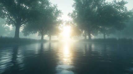  A serene lake surrounded by lush, dense forest, with mist gently rising from the calm water under the early morning sun, creating a peaceful and ethereal atmosphere. 