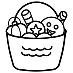 Candy bucket filled with halloween treats line art vector illustration