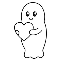 Cartoon ghost holding a heart line art vector illustration
